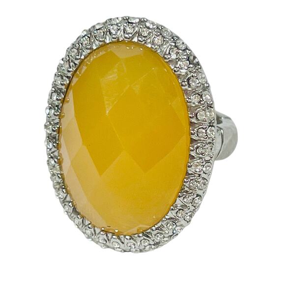 Vintage Golden Yellow Silver Tone Rings Rhinestones Oval Oversized Stretch - Picture 2 of 7